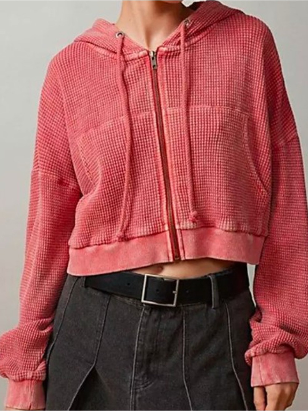 BDG Leah Waffle Knit Zip Hoodie L Rose Pink EUC